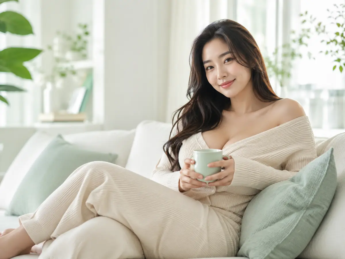 퇴근 후 집 소파에서 편안하게 쉬며 출장홈타이를 상담하는 여성 이미지