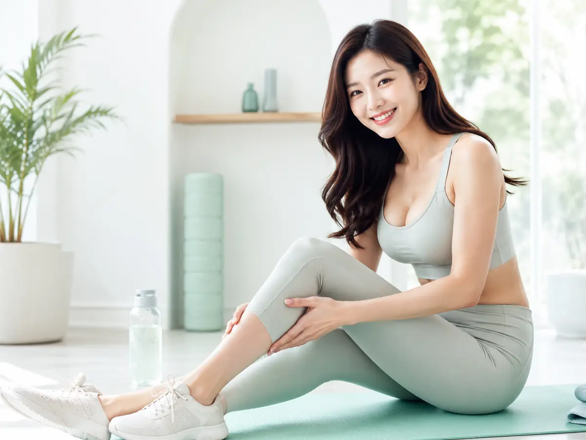 운동 후 종아리와 다리 피로를 느끼는 여성이 홈케어 마사지를 상담하는 이미지